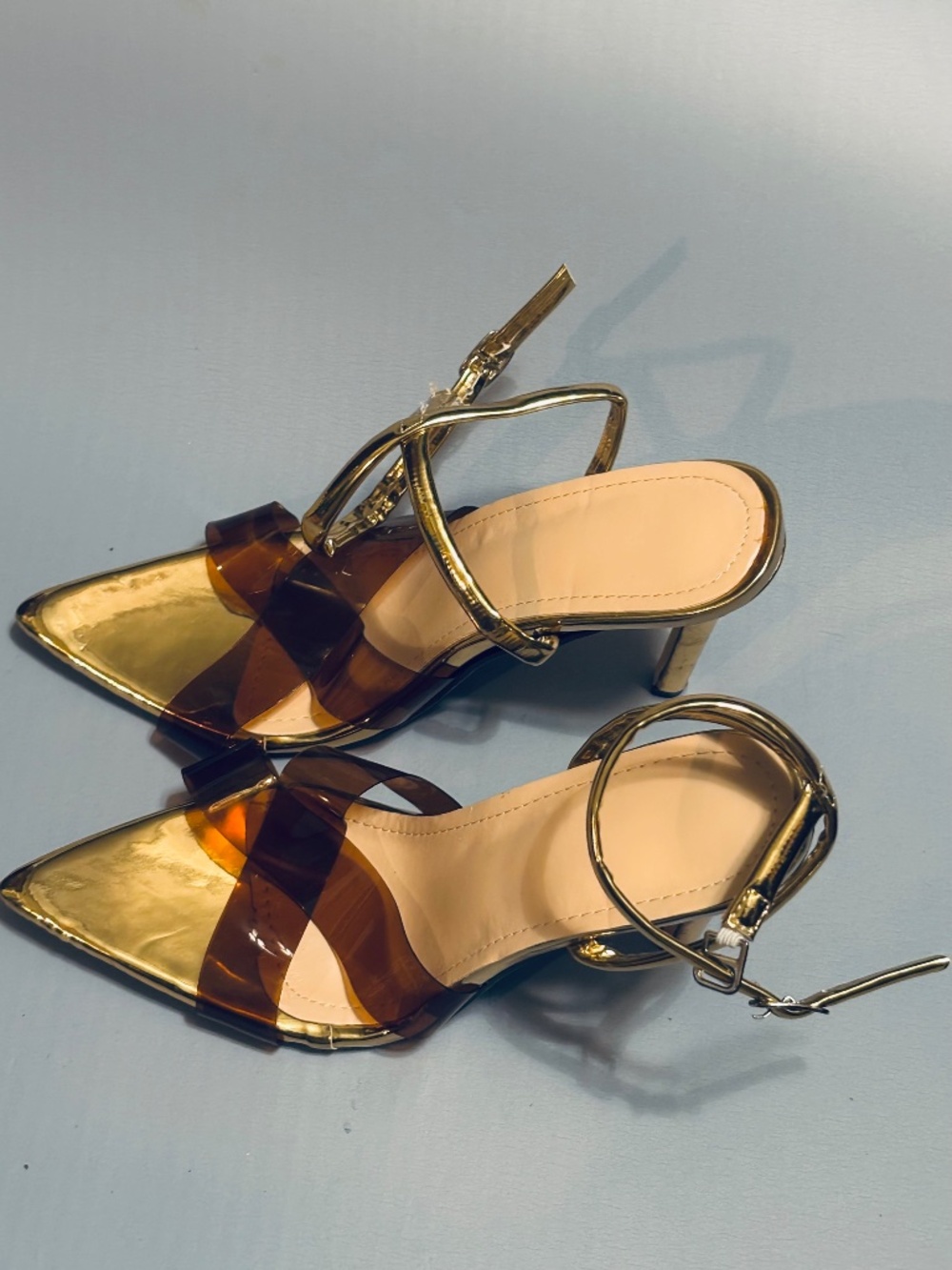 Women’s PVC Stilettos Ankle Straps Gold Tone Sz 42